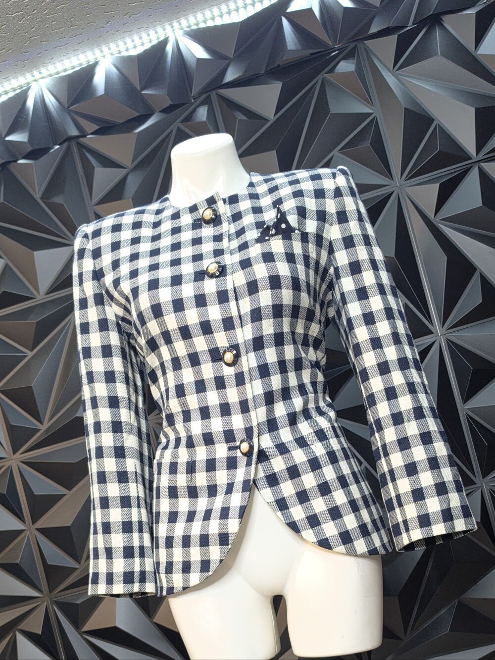 Le Suit Navy and White Gingham Blazer with Gold Buttons
